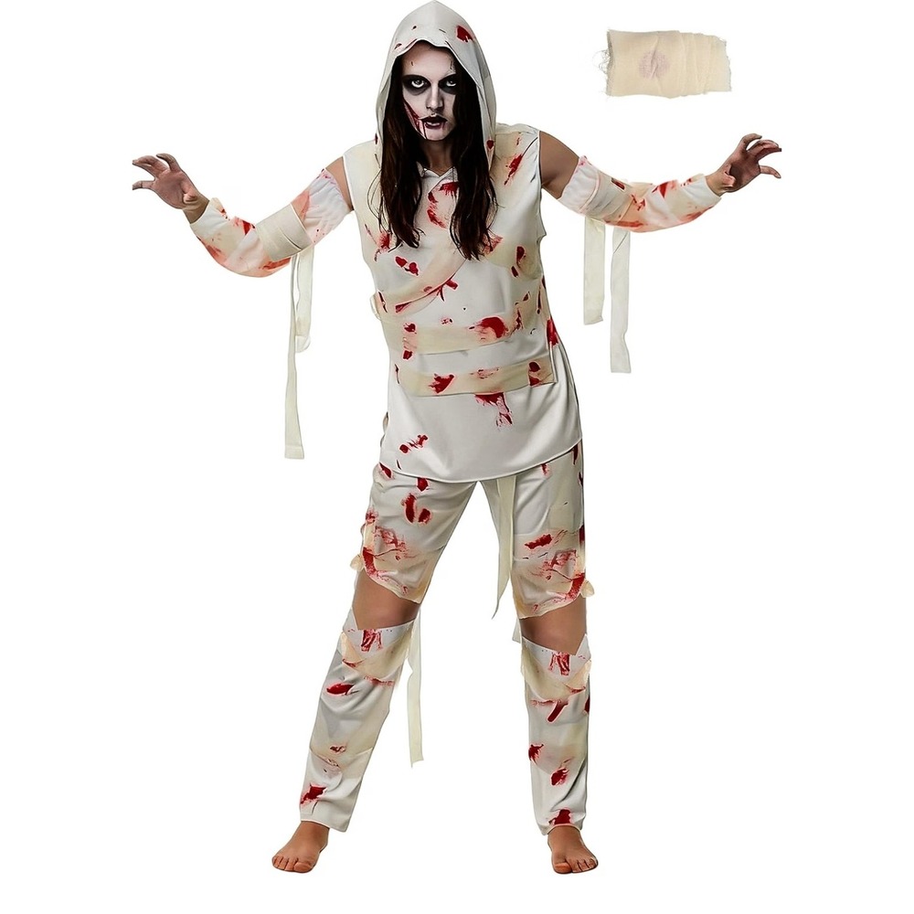 Mepase 4 Pcs Halloween Mummy Costume Bloody Creepy Cosplay Party White Large